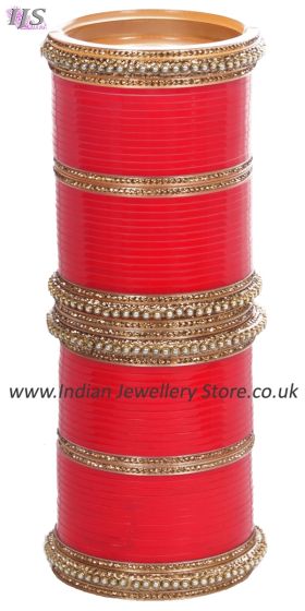 Bright Red Asian Wedding Chura & Champagne Crystal Bangles 2.4 UARC11590 Indian Jewellery
