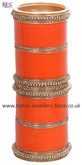 Orange Indian Wedding Chura & Champagne Crystal Bangles 2.6 UAOC11595 Indian Jewellery