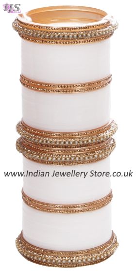 White Indian Wedding Chura & Champagne Crystal Bangles 2.8 UAWC11600 Indian Jewellery