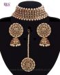 Champagne American Diamond Wide Choker, Jhumkis & Tikka NANA11300 Indian Jewellery