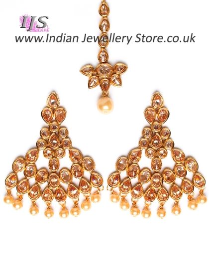 Golden Diamond & Pearl Fashion Earrings and Tikka IENA10993 Indian Jewellery