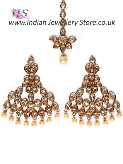 Golden Diamond & Pearl Fashion Earrings and Tikka IANA10994 Indian Jewellery