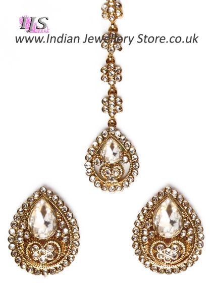 American Diamond Indian Stud Earrings & Tikka - Sumandeep IAWA11004 Indian Jewellery