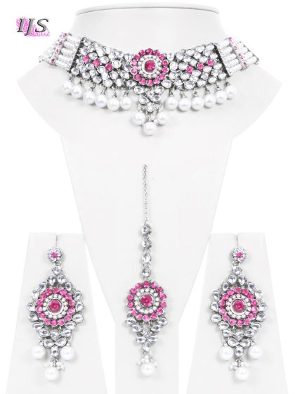 Baby Pink, Silver, Pearl & Kundan Choker- Kismat NSPL10686 Indian Jewellery