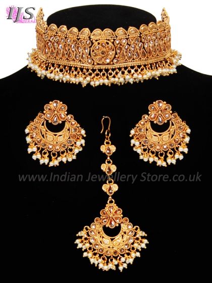 Wide Golden LCT Choker & Chand Earrings & Tikka NENA11047 Indian Jewellery