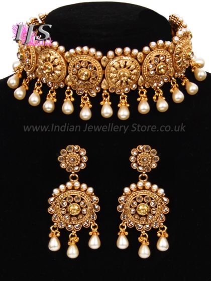 Premium 22k Matt Gold Asian Choker & Earrings NENA11048 Indian Jewellery