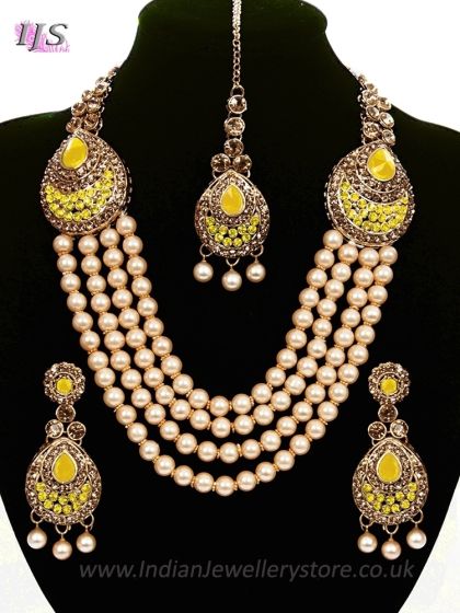 Asian 4-Stranded Pearl Mala Set - yellow NAYL11415 Indian Jewellery