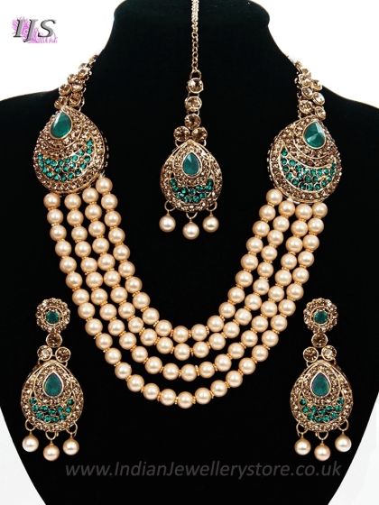 Asian 4-Stranded Pearl Mala Set - teal NALL11419 Indian Jewellery