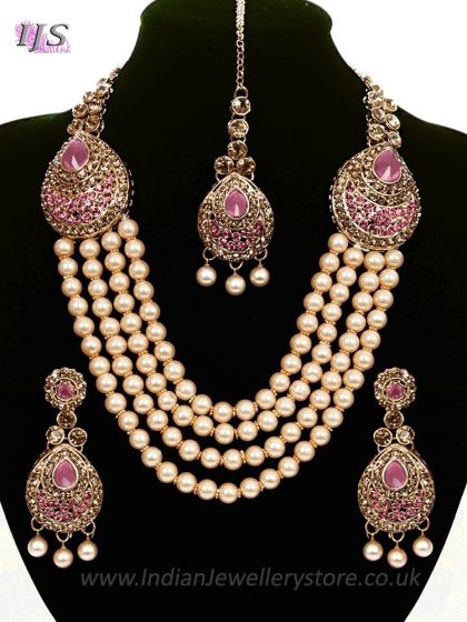 Asian 4-Stranded Pearl Mala Set - baby pink NAPL11423 Indian Jewellery