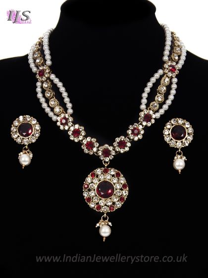Fancy Pearl Mala Necklace & Indian Stud Earrings - maroon red NARL11472 Indian Jewellery