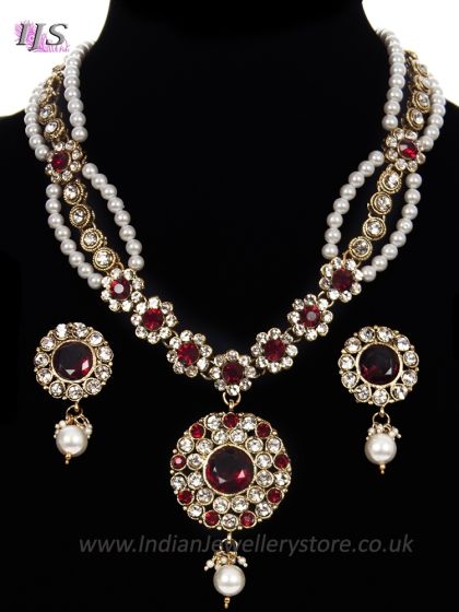 Fancy Pearl Mala Necklace & Indian Stud Earrings NAWL11474C Indian Jewellery