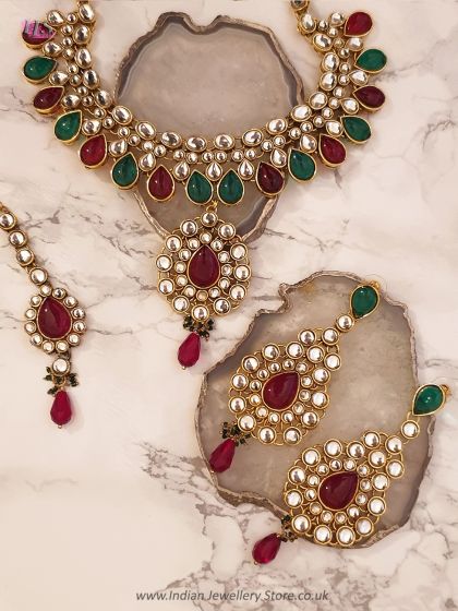 Kundan Necklace Set - Maroon Red & Green NGNP02364 Indian Jewellery