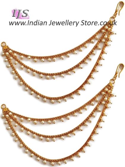 3-line Delicate Gold Pearl Saharas, Earring Chains EEWL11030 Indian Jewellery