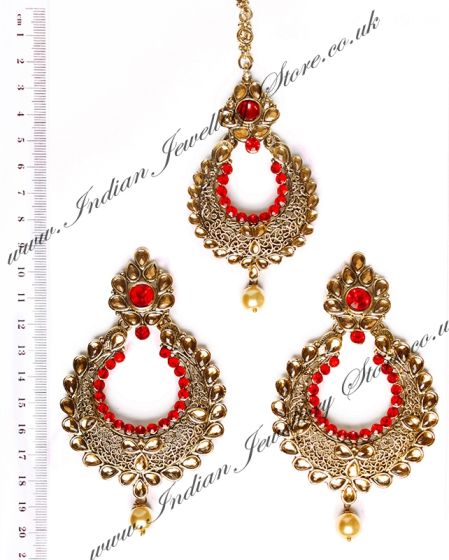 Golden Stone, Antique Statement Indian Earrings & Tikka IAC010275C Indian Jewellery