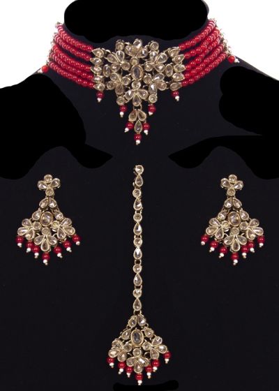 Delicate Beaded Indian Choker, Earrings & Tikka NARA11765 Indian Jewellery