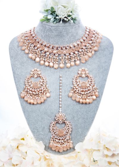 Rose Gold CZ, Flexible Asian Jewellery Set NRRA12339C Indian Jewellery