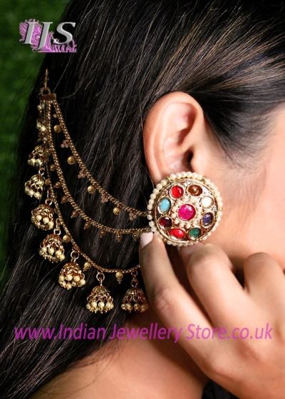 Dramatic 3-Line Jhumka Bell Indian Saharas (Earring Chains) EEWL11033 Indian Jewellery