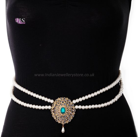 Pearl Drape & American Diamond, Gold Saree Belt - turquoise (firozi) blue LELL11378 Indian Jewellery