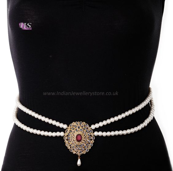Pearl Drape & American Diamond, Gold Saree Belt - maroon red LERL11386 Indian Jewellery