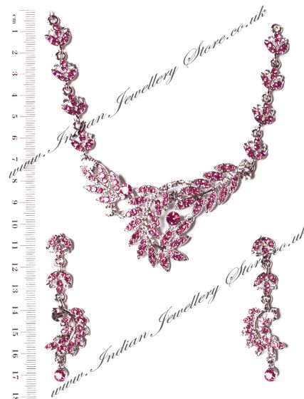 LEAF Silver & Pink Crystal Necklace Set NSPC03839 Indian Jewellery