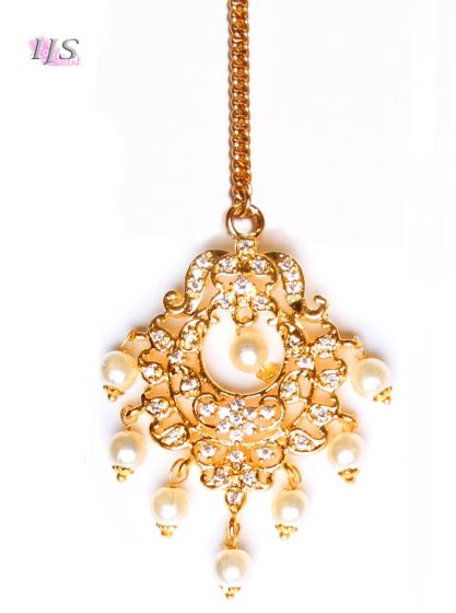Contemporary Fine CZ & Pearl Indian Tikka Headpiece ZEWA12258 Indian Jewellery