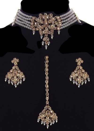 Delicate Beaded Indian Choker, Earrings & Tikka NAEA11753 Indian Jewellery