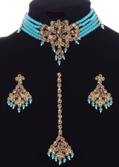 Delicate Beaded Indian Choker, Earrings & Tikka NALA11758 Indian Jewellery