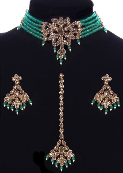 Delicate Beaded Indian Choker, Earrings & Tikka NAGA11759 Indian Jewellery