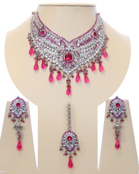 Silver & Fuchsia Pink Necklace Set BSPC10034 Indian Jewellery