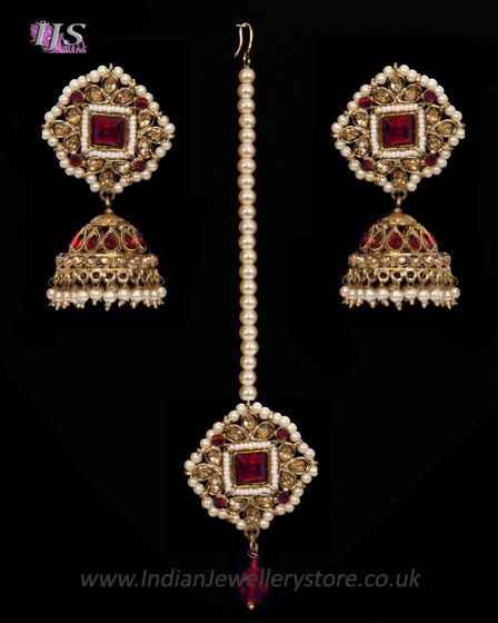 Champagne Indian jhumka earrings & tikka jewellery set IARC11353 Indian Jewellery
