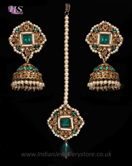 Large Jhumka Earrings & Tikka Indian Jewellery Set IANC11355C Indian Jewellery