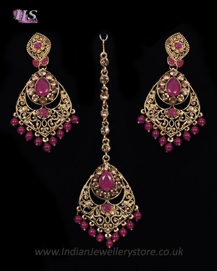 Antique Chandelier earring & Tikka Set, Ruby Maroon - PRAJANA NARC11363 Indian Jewellery