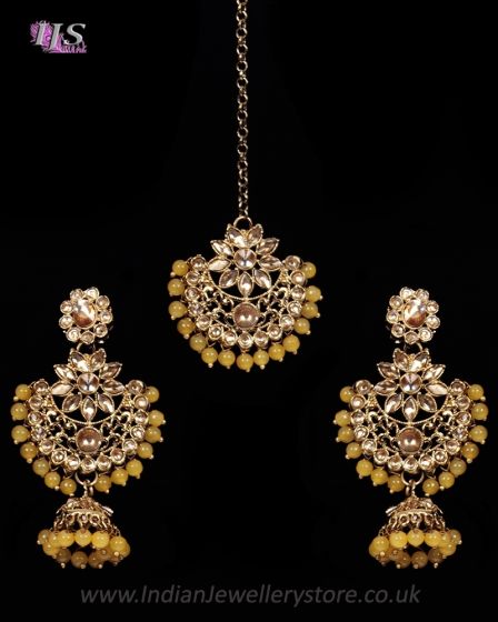 Champagne Antique Medium Tikka & Dangler Jhumki Earring Set - yellow IAYK11613 Indian Jewellery