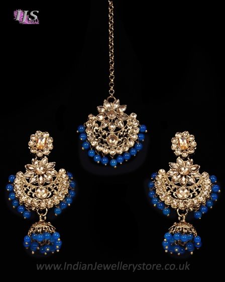Champagne Antique Medium Tikka & Dangler Jhumki Earring Set - royal blue IALK11616 Indian Jewellery