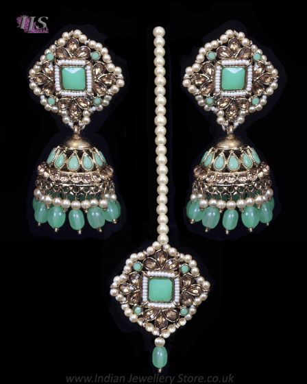Large Jhumka Earrings & Tikka Indian Jewellery Set - Mint IAGC11827 Indian Jewellery
