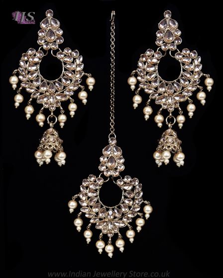 Antique Asian Chandelier Jhumkis & Tikka Set - Pearl IANK11837 Indian Jewellery
