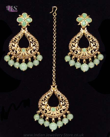 Asian Light-Weight Pastel-Bead Earrings & Tikka Set IEGP11983 Indian Jewellery