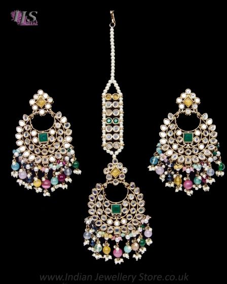 Premium Antique Gold Mirror Beaded Earring & Tikka IAMM12349 Indian Jewellery