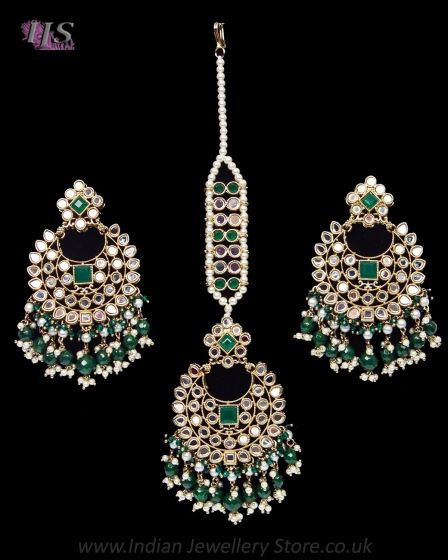Premium Antique Gold Mirror Beaded Earring & Tikka IAGM12351 Indian Jewellery