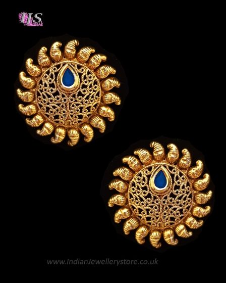 Sunray Large Indian 22k Stud Earrings - Royal Blue EELK11227 Indian Jewellery