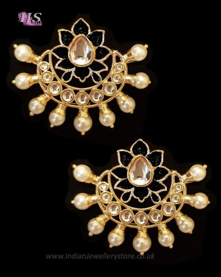 Crescent Moon & Lotus Flower, Pearl Oversized Asian Stud Earrings - Black EEBK11240 Indian Jewellery