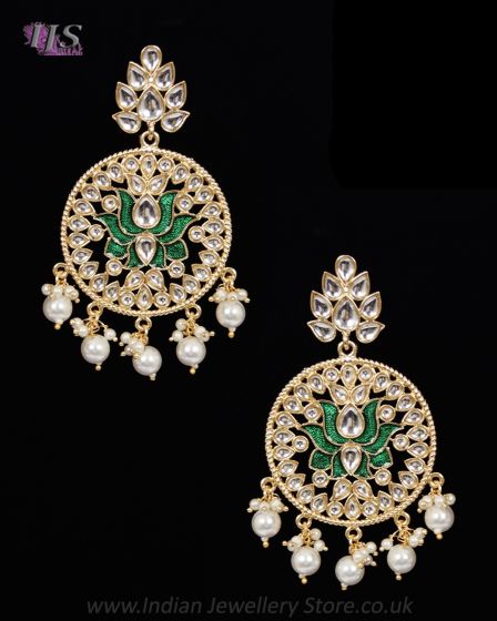 Statement lotus flower kundan earrings - bottle green EGGK12145 Indian Jewellery