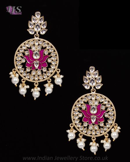 Statement lotus flower kundan earrings - fuchsia pink EGPK12147 Indian Jewellery