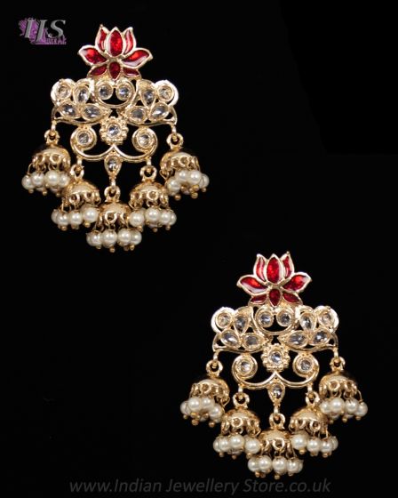 Light Gold Layered-Jhumka Indian Earrings - maroon red EGRA12157 Indian Jewellery