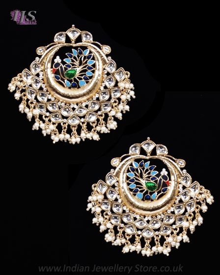 Statement Kundan Peacock Stud Earrings - Blue EGLK12165 Indian Jewellery