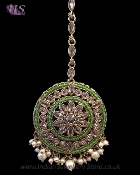 Round Medium American Diamond Indian Head Jewel - Grass Green ZAGA11952 Indian Jewellery