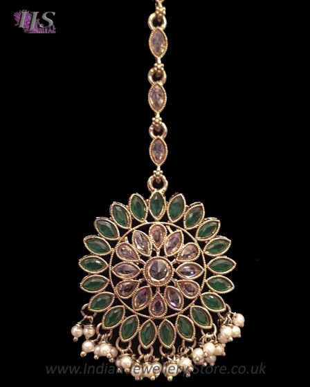 Round Antique Medium Indian Tikka Headpiece - Green ZAGA12261 Indian Jewellery