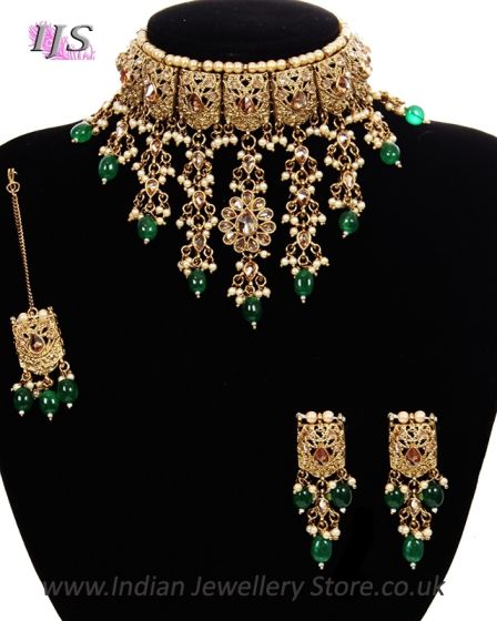 Antique American Diamond Waterfall Choker - Green NAGA11079 Indian Jewellery