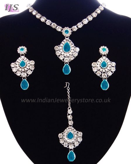 Delicate silver crystal necklace set - Shabnam NSLC11127 Indian Jewellery