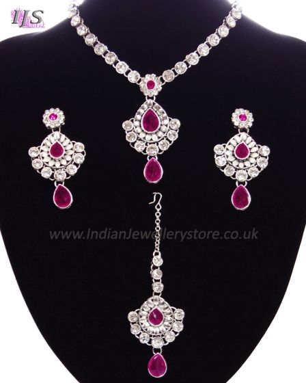 Delicate silver crystal necklace set - Shabnam NSPC11129 Indian Jewellery